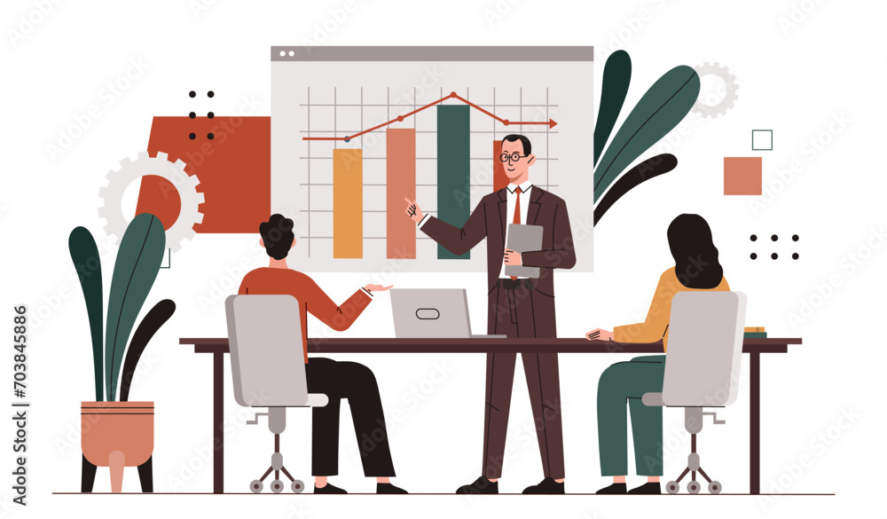 Poster people with business solution. men and woman with graphs and diagrams. brainstorming and presentatio