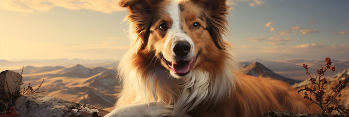 Closeup of collie dog on a sunset sky and mountain background.Animal wide web banner