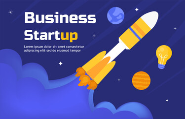 Business startup poster. Rocket in space at background of planets and starry sky, light bulb. Creative idea. Template and layout. Landing page design. Cartoon flat vector illustration