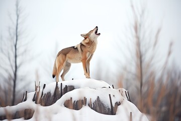 Naklejka premium alpha wolf howling on mound with winter trees behind