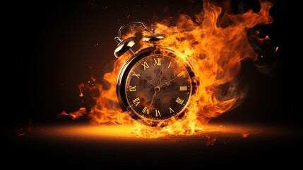 Clock on fire, clock face consumed as time burns away. Time Running Out, Black Background,...