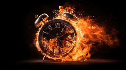 Clock on fire, clock face consumed as time burns away. Time Running Out, Black Background, Generative AI.
