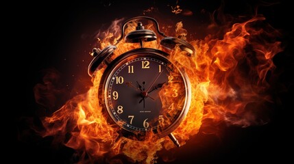 Clock on fire, clock face consumed as time burns away. Time Running Out, Black Background,...