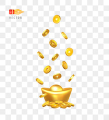 Chinese Yuan Bao gold bar with gold coins. Traditional gift jewelry for Chinese New Year. Imperial YuanBao gold bullion. Realistic 3d objects isolated on transparent background. 3D render vector