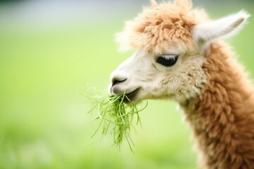 Obraz premium close-up of fluffy alpaca eating grass in field