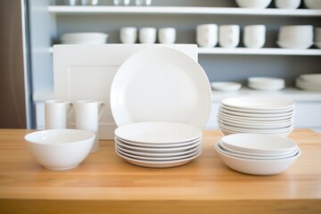 pristine white dinnerware sets for modern kitchens - obrazy, fototapety, plakaty