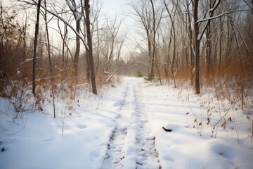 Obraz premium snowy path through the woods with two sets of boot tracks