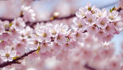 a close-up of a cherry blossom tree with a sky background. The tree has many pink flowers blooming on it.