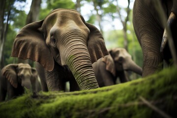 bornean elephants trunk coiling around vegetation - obrazy, fototapety, plakaty