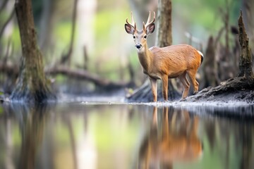 Obraz premium reflection of bushbuck in still forest waterbody