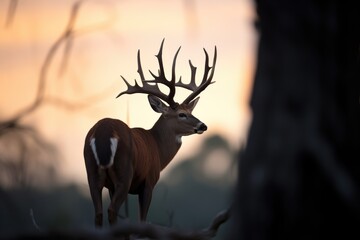 bushbuck silhouette against twilight in forest