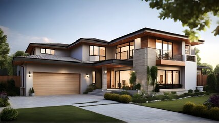 Fototapeta na wymiar 3d rendering of modern cozy house in the garden with garage.