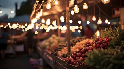 Market at dusk featuring a vibrant display of fresh, locally-sourced vegetables and fruits, with shoppers browsing the colorful stalls. - obrazy, fototapety, plakaty