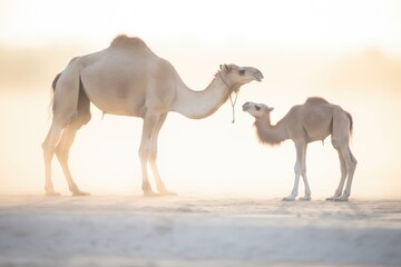 mother camel and calf in soft desert light