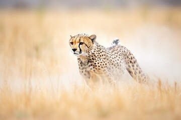 cheetah in dust cloud chasing antelope