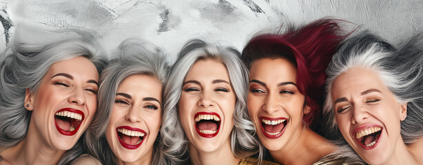 Lächelnde Frauen mit grauen stylischen Haaren im mittleren Alter - obrazy, fototapety, plakaty
