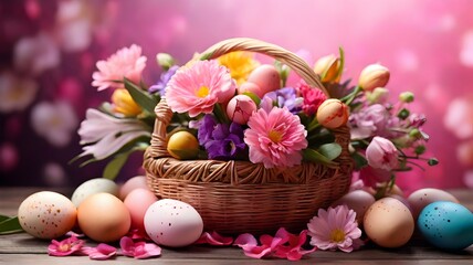 Obraz na płótnie Canvas Easter eggs and spring flowers in basket on wooden table on blurred background