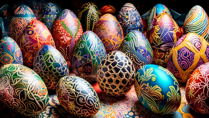Fototapeta na wymiar Illustration of colorful mosaic Easter eggs for Easter holidays. Occasion card wallpaper 4K