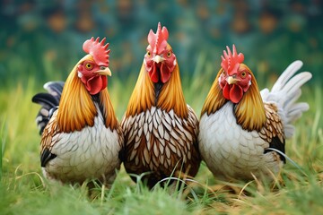Fototapeta premium trio of chickens in a shaded grass area