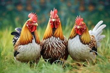 Rugzak trio of chickens in a shaded grass area © stickerside