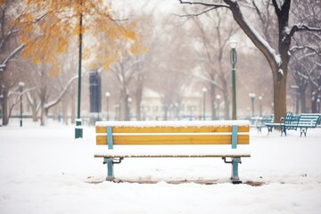 snow-covered bench in a park