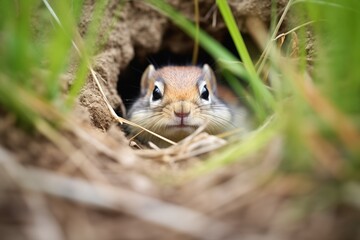 Naklejka na ściany i meble grass-lined chipmunk nest within the burrow