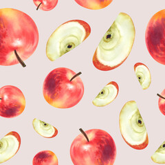 Watercolor seamless pattern with ripe, juicy, red apples. A fruit and garden background with hand-drawn watercolor illustrations. For designers, postcard printing, fabrics.