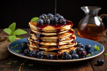 stack of blueberry pancakes for breakfast  on blue plate with maple syrup and fresh berries on black background closeup