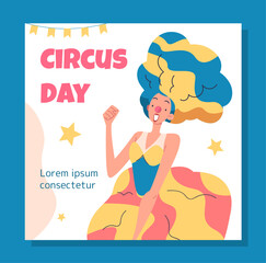 Circus Day poster. International holiday and festival 16 April. Woman with red nose. Clown performing. Graphic element for website. Cartoon flat vector illustration isolated on blue background