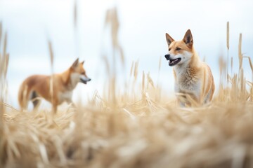 two dingoes coordinating an ambush in a field - obrazy, fototapety, plakaty