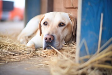 labrador curled up on hay near an old barn entrance