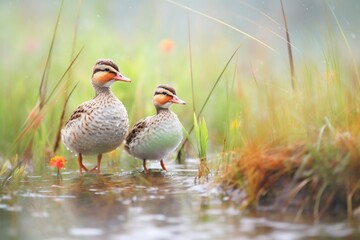 ducks foraging in morning dew-covered grass