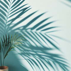 Tropical Essence: Abstract Background with Blurred Palm Shadows on Light Blue Wall for Product Showcase.