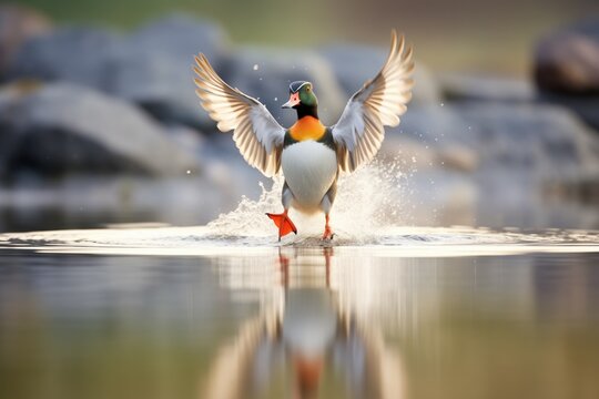 wild duck flapping wings at waters edge in dawn