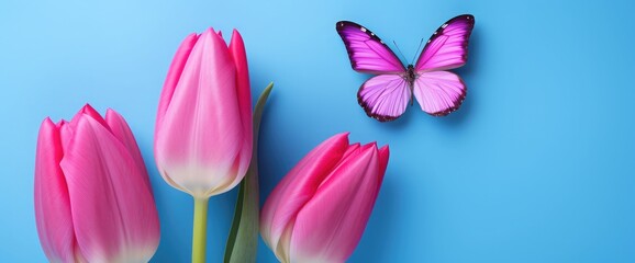 Beautiful colorful morpho butterfly on a tulip flower on a pink background.