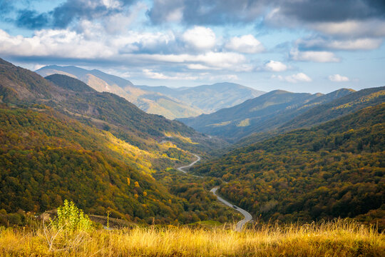 Bright landscape of autumn mountains of Ossetia