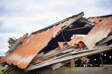 collapsed roof of old farmstead barn