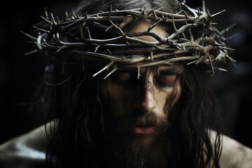 Jesus countenance is solemn, his crown filled with sharp thorns - obrazy, fototapety, plakaty