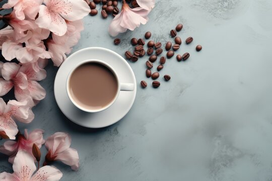 Morning Coffee Cup With Blooming Flowers On Light Blue Background. Hot Drink With Spring Flowers. Romantic Breakfast For Women's Or Valentine Day. Flat Lay, Top View With Copy Space