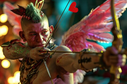 Love's Cyborg Messenger: In Romantic Pop Culture Fashion, Cyborg Cupid Shoots an Arrow, His Determined Gaze Embraced by Playful Colors - A Genuine Energetic Shout of Passionate Love Scenes.




