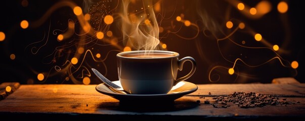 Banner with black hot coffee cup and golden smoke on wooden table. Mug with steaming smoke on dark...