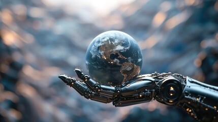 robot hand holding planets on a blurred dark background. copy space