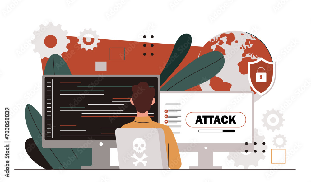 Poster man with cyber attack. young guy write code. programmer and it specialist develop antivirus. securit