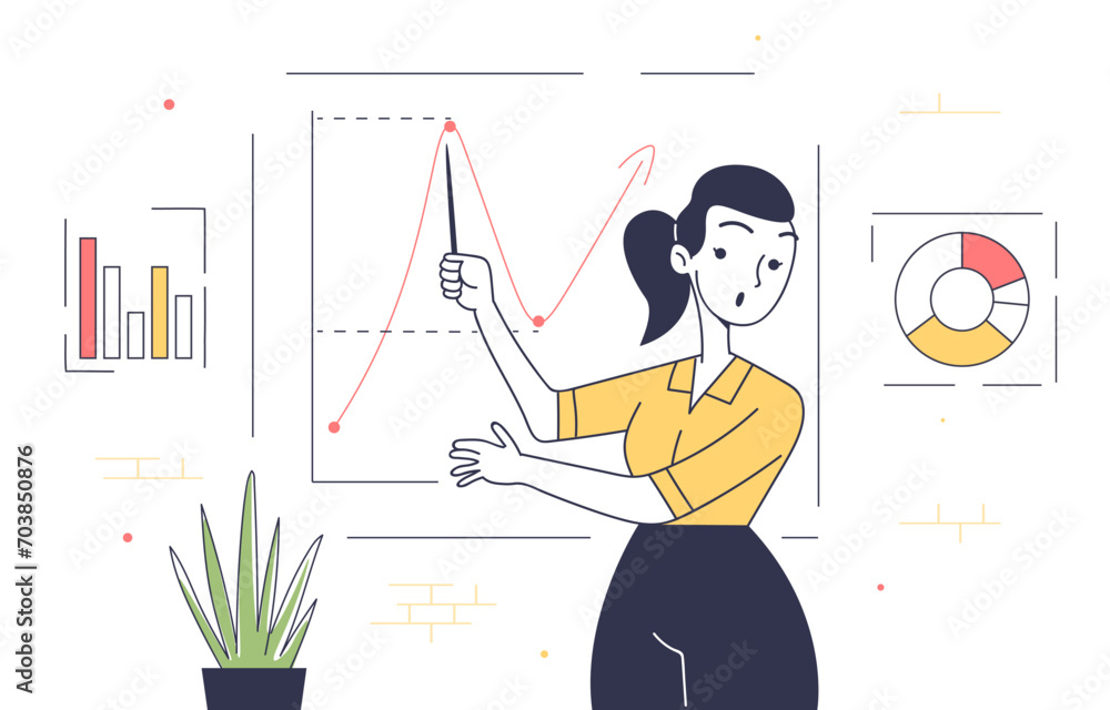 Poster data analysis woman linear. worker and employee with charts and graphs. analyst with statistics and 