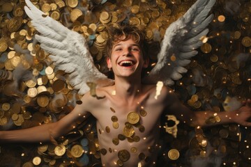 Capitalistic Cupid: A satirical critique portraying Cupid surrounded by coins, humorously commenting on the capitalism and materialism fueling toxic relationships on Valentine's Day.

 - obrazy, fototapety, plakaty
