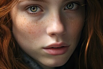 AI generated illustration of a young woman with freckles on her face and bright green eyes
