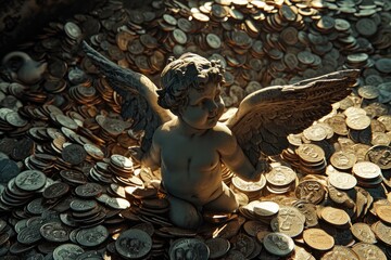 Capitalistic Cupid: A satirical critique portraying Cupid surrounded by coins, humorously commenting on the capitalism and materialism fueling toxic relationships on Valentine's Day.

