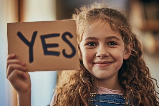 Yes concept image with a happy smiling young kid girl holding a sign with written word yes for agreement or agree answer