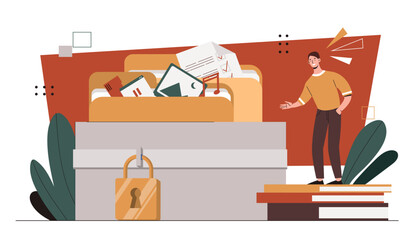 Man with documents. Worker with folder with files. Electronic storage and archive. Young guy with audio files and pictures. Cartoon flat vector illustration isolated on white background