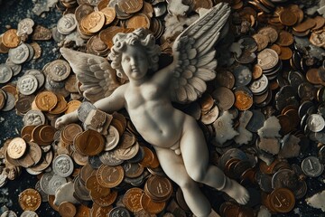 Capitalistic Cupid: A satirical critique portraying Cupid surrounded by coins, humorously commenting on the capitalism and materialism fueling toxic relationships on Valentine's Day.

 - obrazy, fototapety, plakaty